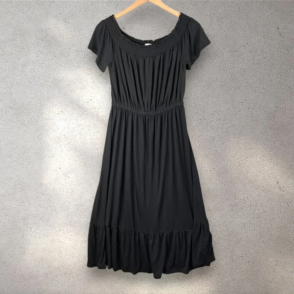 Old Navy Off Shoulder Midi Dress Women’s Small Black Ruffle Hem Bohemian Resort